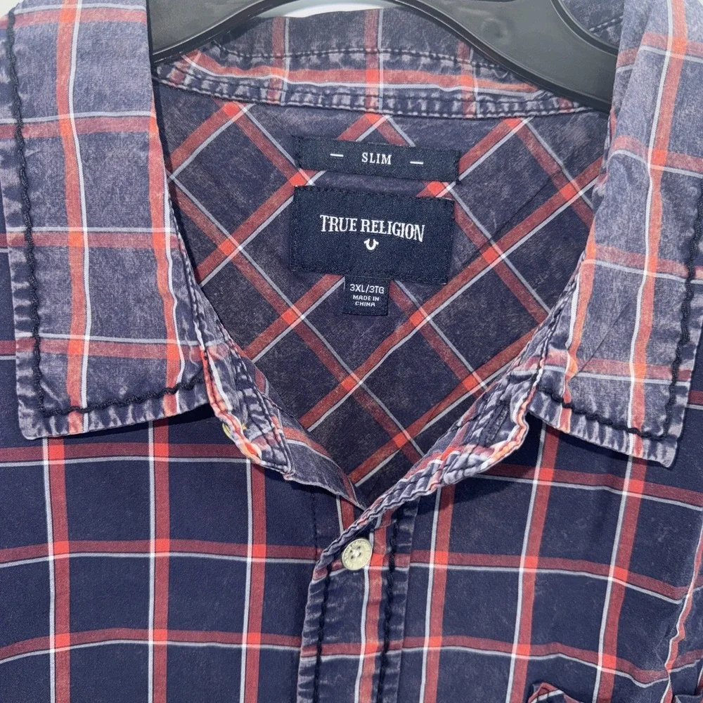 True Religion Men Button Up Shirt 3XL Blue Check Slim Fit Pocket Short Sleeve‎